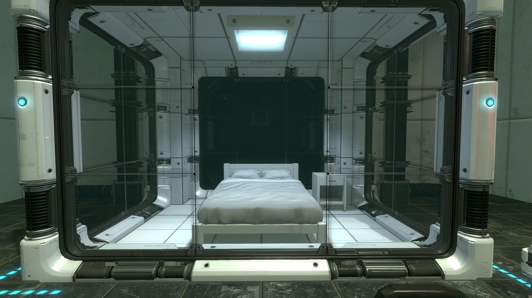 Portal 2 (2011) Source engine screenshot, Valve, an Aperture Science relaxation vault: a small clean white sleeping room behind glass walls with a single neatly made bed, a bedside table, a soft ceiling light, the…