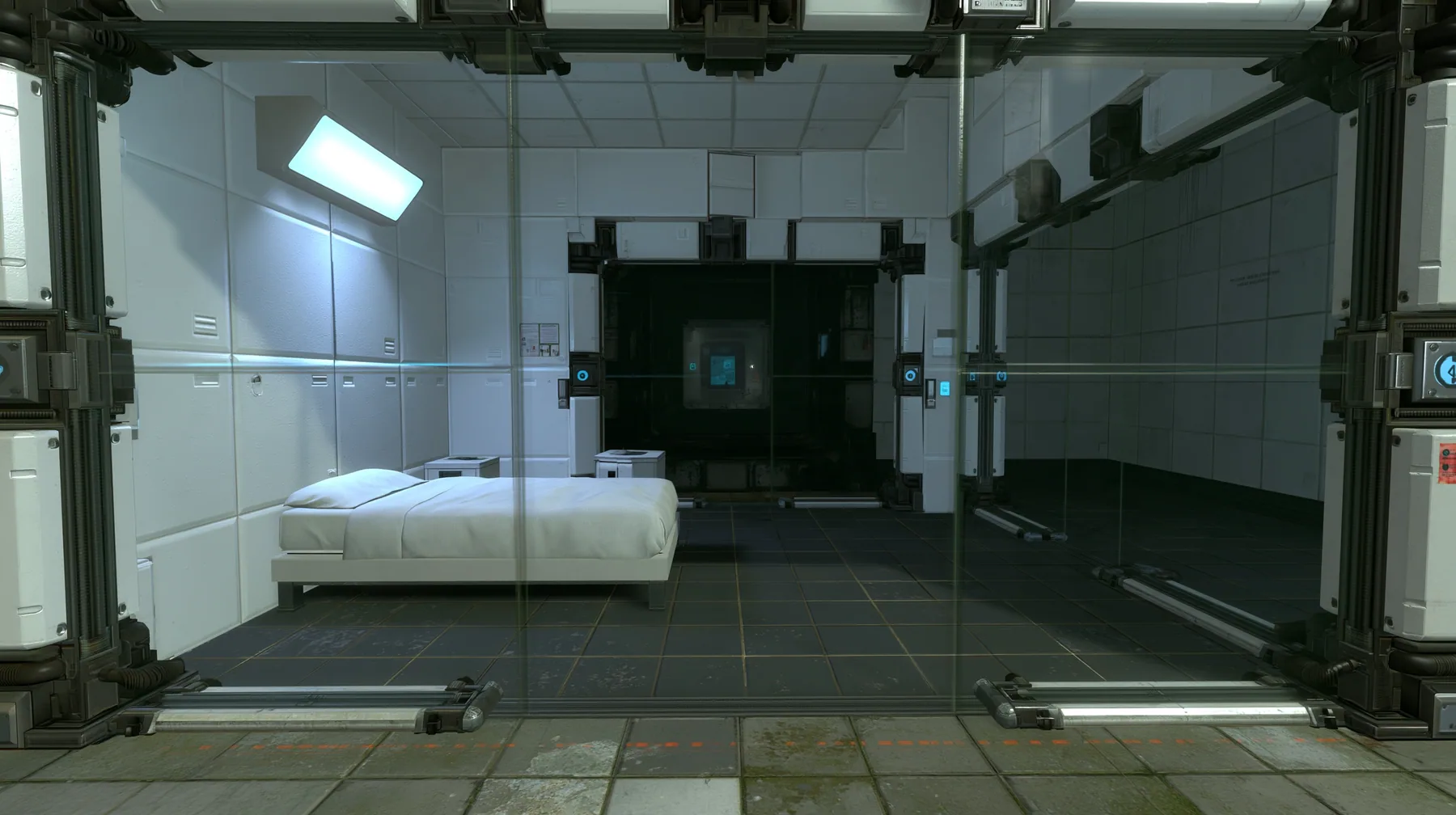 Portal 2 (2011) Source engine screenshot, Valve, an Aperture Science relaxation vault: a small clean white sleeping room behind glass walls with a single neatly made bed, a bedside table, a soft ceiling light, the…