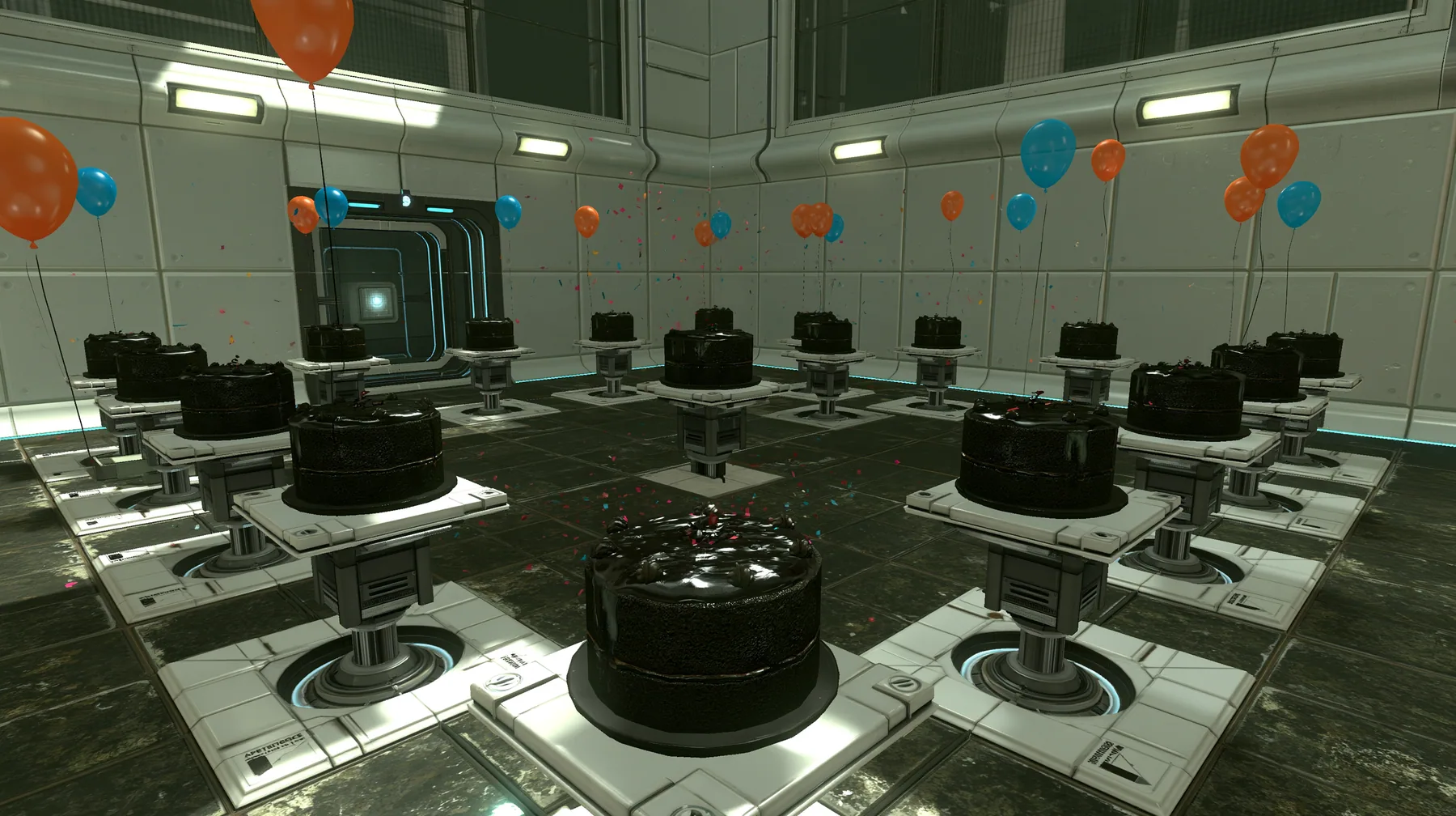 Portal 2 (2011) Source engine screenshot, Valve, a white Aperture Science test chamber decorated for a party: orange and blue balloons, confetti in the air, rows of black forest cakes on white floor panels rising on…