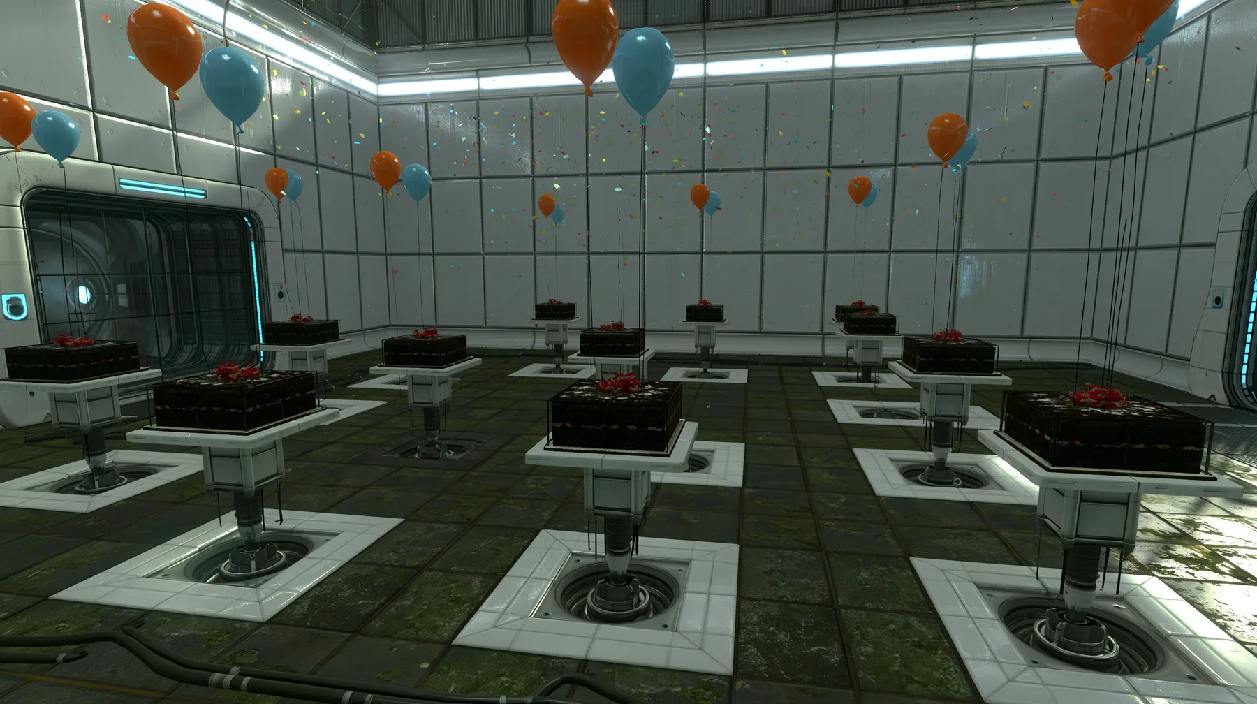 Portal 2 (2011) Source engine screenshot, Valve, a white Aperture Science test chamber decorated for a party: orange and blue balloons, confetti in the air, rows of black forest cakes on white floor panels rising on…