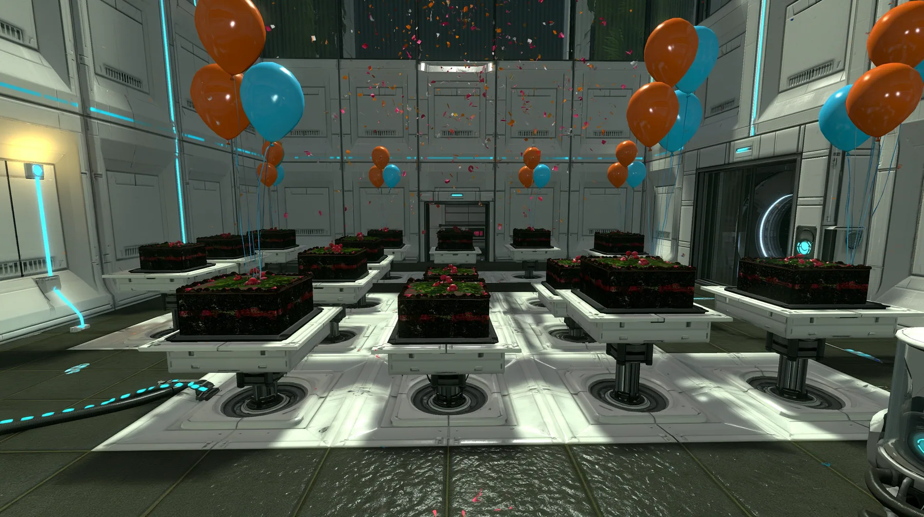 Portal 2 (2011) Source engine screenshot, Valve, a white Aperture Science test chamber decorated for a party: orange and blue balloons, confetti in the air, rows of black forest cakes on white floor panels rising on…
