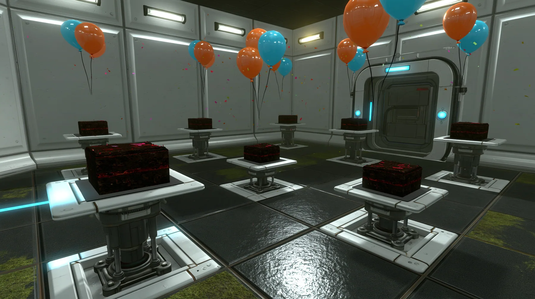 Portal 2 (2011) Source engine screenshot, Valve, a white Aperture Science test chamber decorated for a party: orange and blue balloons, confetti in the air, rows of black forest cakes on white floor panels rising on…