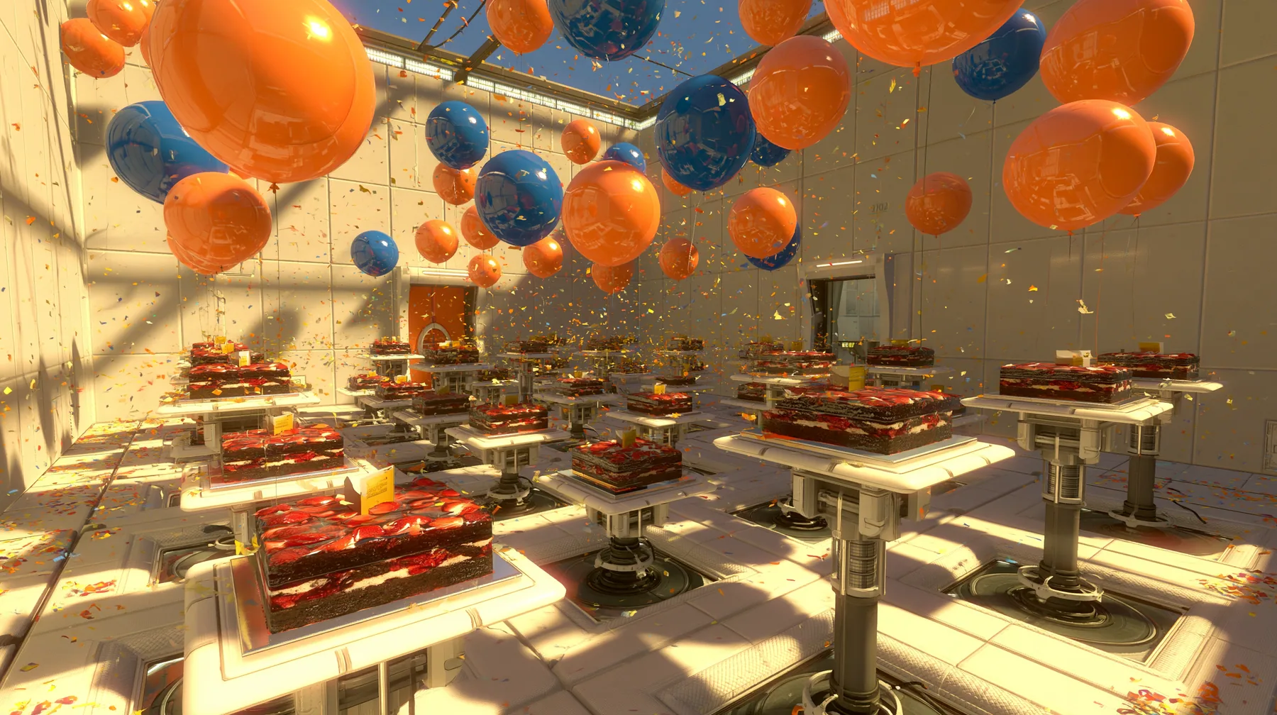 Valve's Portal 2 (2011), a Source engine screenshot: a white Aperture Science test chamber decorated for a party: orange and blue balloons, confetti in the air, rows of black forest cakes on white floor panels rising…