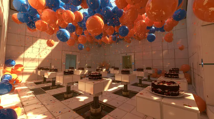 Valve's Portal 2 (2011), a Source engine screenshot: a white Aperture Science test chamber decorated for a party: orange and blue balloons, confetti in the air, rows of black forest cakes on white floor panels rising…