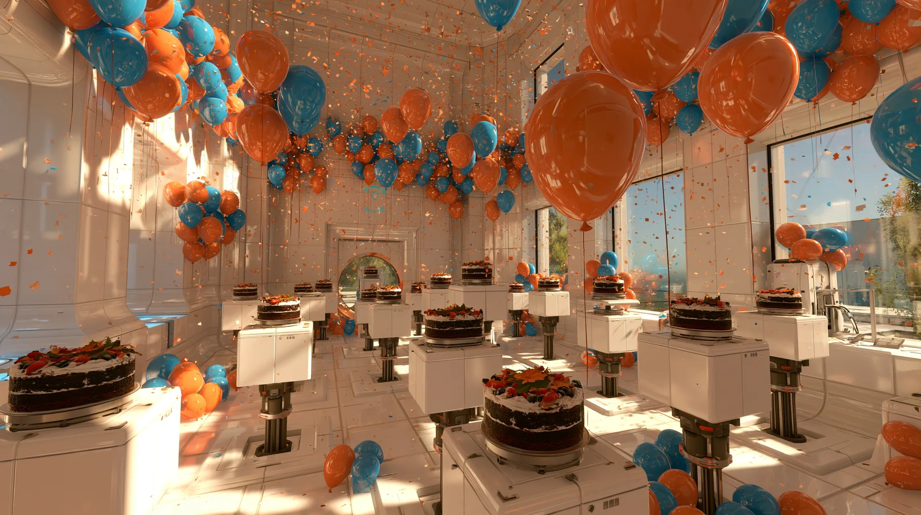 Valve's Portal 2 (2011), a Source engine screenshot: a white Aperture Science test chamber decorated for a party: orange and blue balloons, confetti in the air, rows of black forest cakes on white floor panels rising…