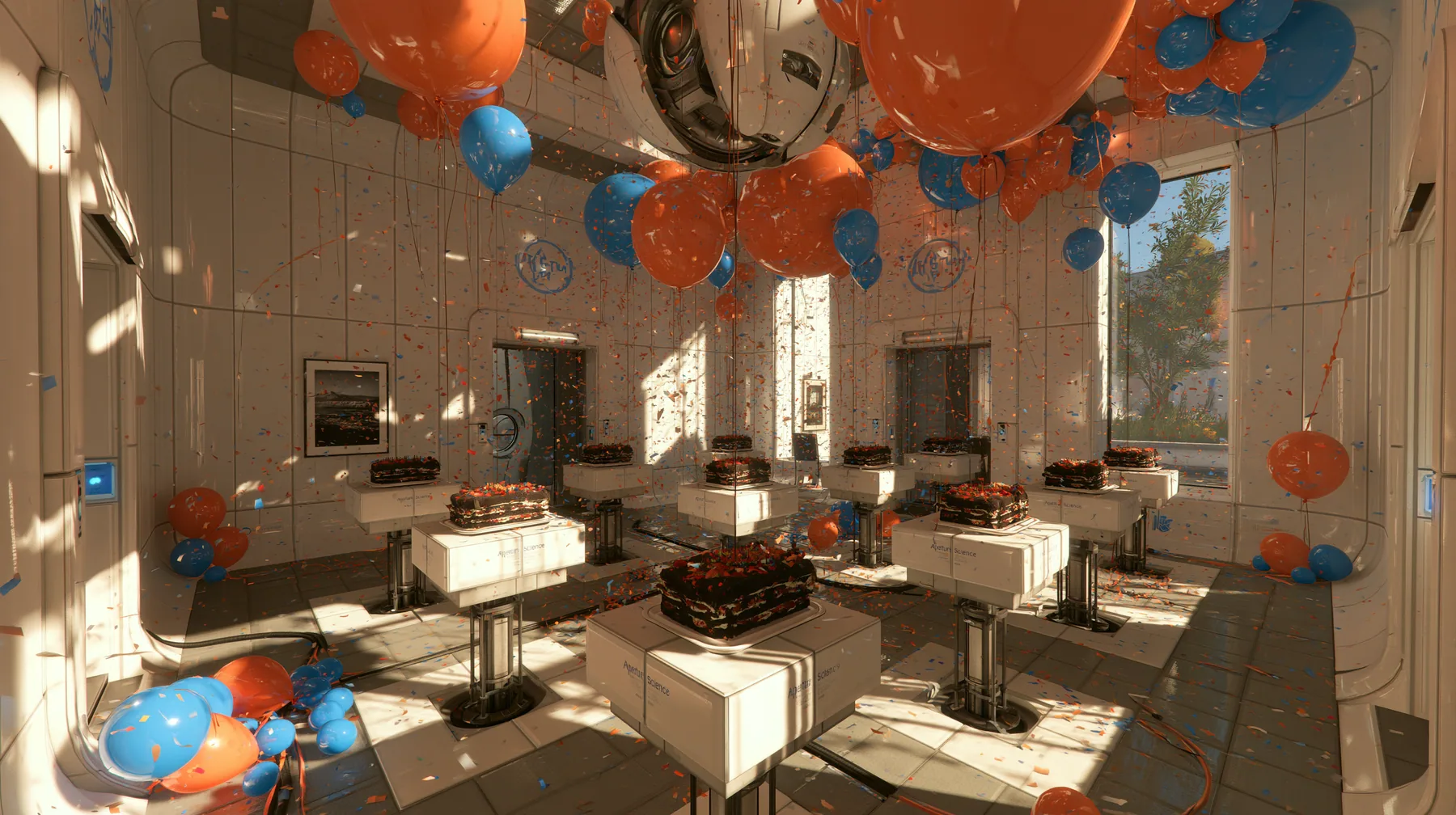 Valve's Portal 2 (2011), a Source engine screenshot: a white Aperture Science test chamber decorated for a party: orange and blue balloons, confetti in the air, rows of black forest cakes on white floor panels rising…