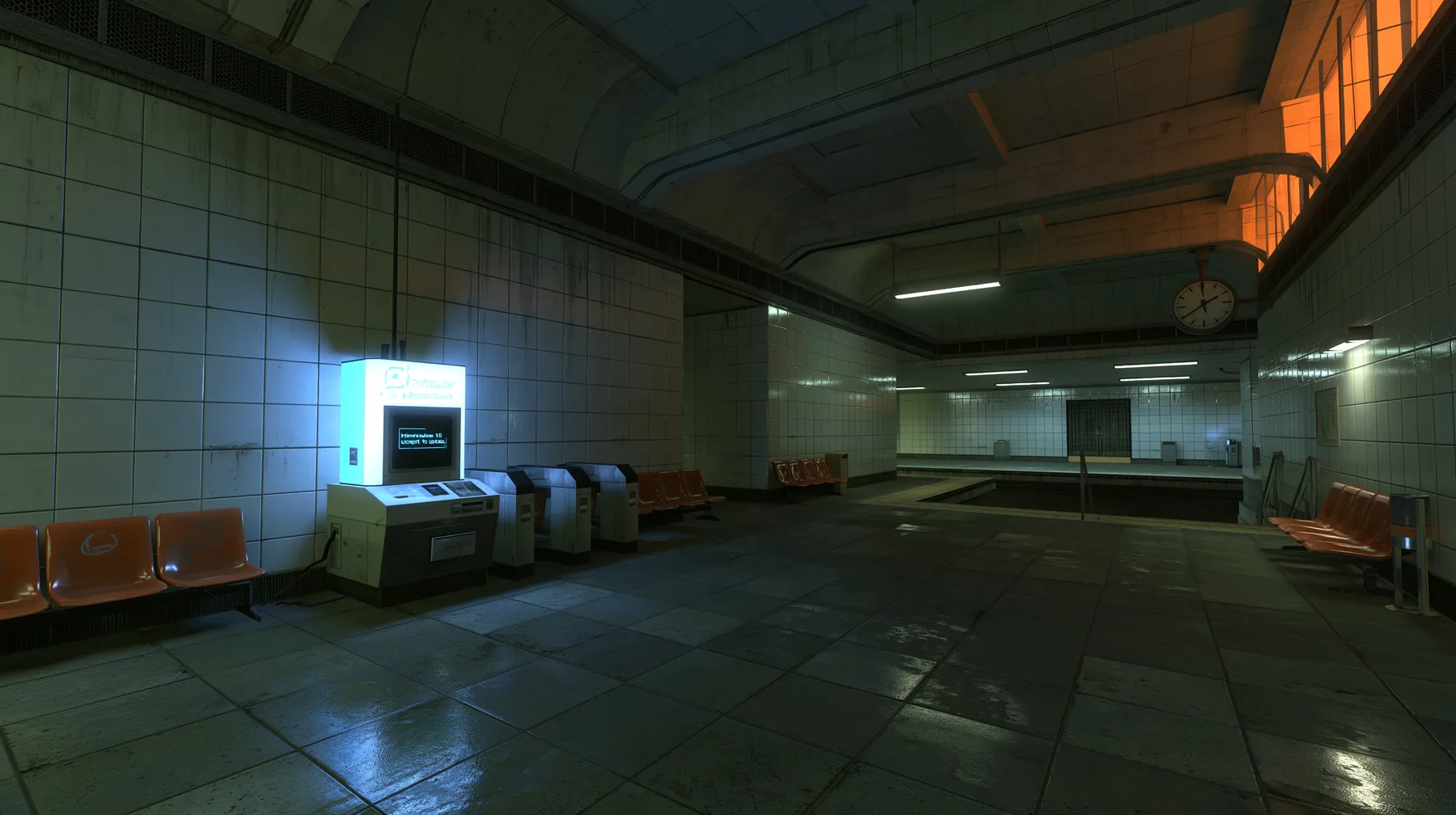 Source engine screenshot in the style of Portal 2 and Half-Life 2, Valve: a public CRT chatbot kiosk glowing white-blue in an empty night train station, tiled walls, benches, a platform clock, cool fluorescent light…
