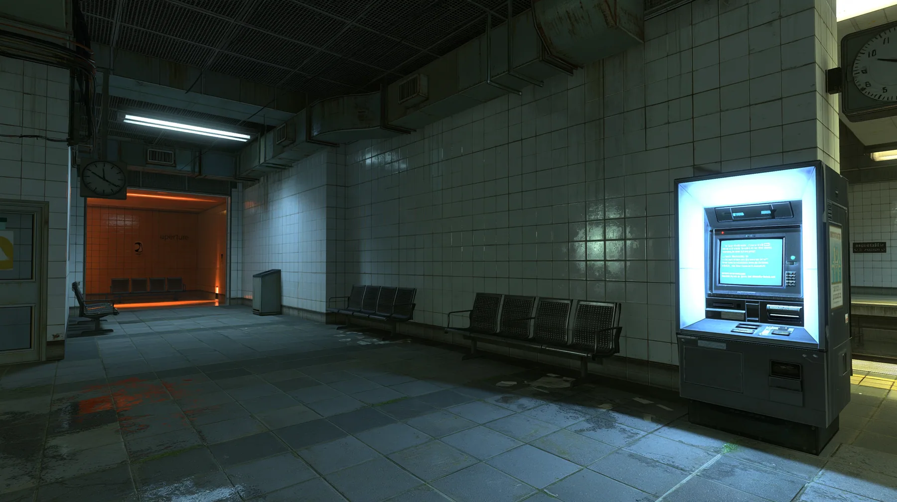 Source engine screenshot in the style of Portal 2 and Half-Life 2, Valve: a public CRT chatbot kiosk glowing white-blue in an empty night train station, tiled walls, benches, a platform clock, cool fluorescent light…