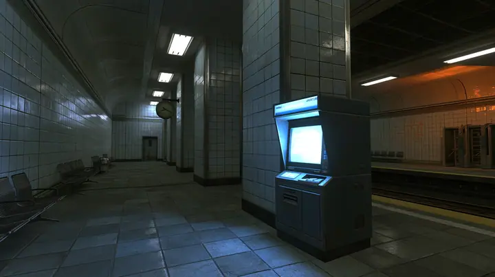 Source engine screenshot in the style of Portal 2 and Half-Life 2, Valve: a public CRT chatbot kiosk glowing white-blue in an empty night train station, tiled walls, benches, a platform clock, cool fluorescent light…