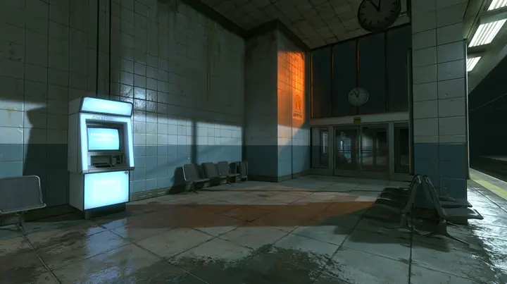 Source engine screenshot in the style of Portal 2 and Half-Life 2, Valve: a public CRT chatbot kiosk glowing white-blue in an empty night train station, tiled walls, benches, a platform clock, cool fluorescent light…