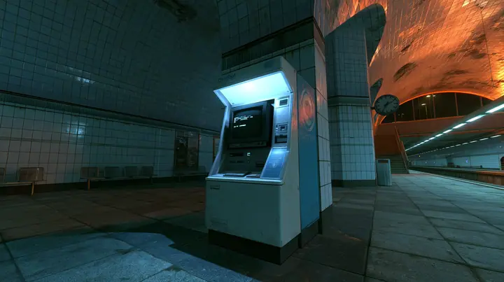 Valve's Source engine, a screenshot in the style of Half-Life 2 and Portal 2: a public CRT chatbot kiosk glowing white-blue in an empty night train station, tiled walls, benches, a platform clock, cool fluorescent…