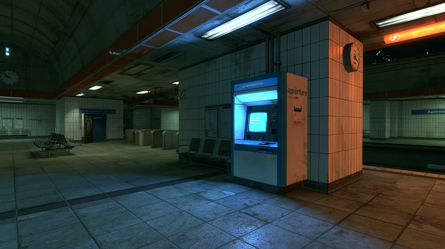 Valve's Source engine, a screenshot in the style of Half-Life 2 and Portal 2: a public CRT chatbot kiosk glowing white-blue in an empty night train station, tiled walls, benches, a platform clock, cool fluorescent…