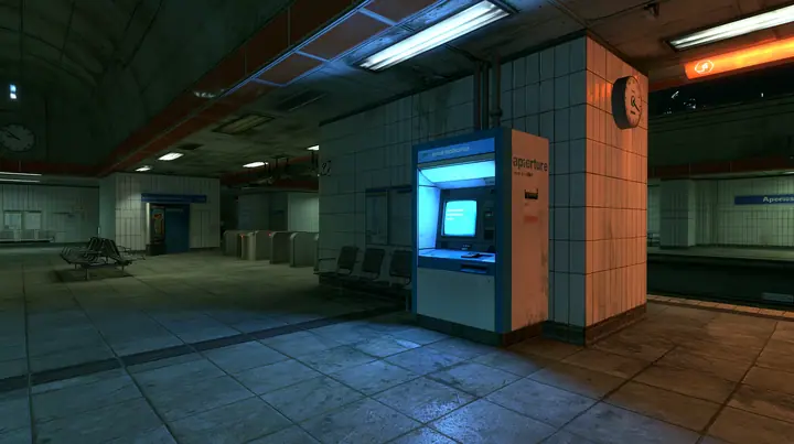 Valve's Source engine, a screenshot in the style of Half-Life 2 and Portal 2: a public CRT chatbot kiosk glowing white-blue in an empty night train station, tiled walls, benches, a platform clock, cool fluorescent…