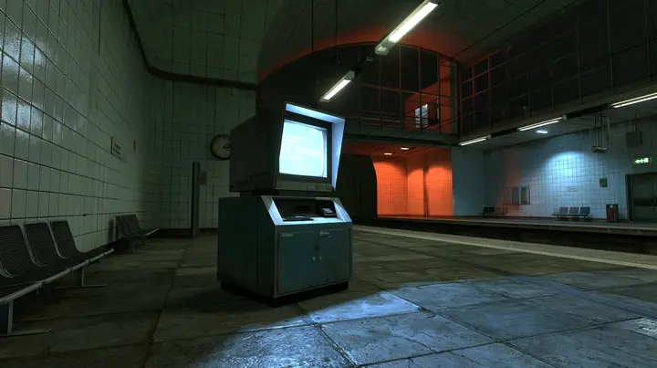 Valve's Source engine, a screenshot in the style of Half-Life 2 and Portal 2: a public CRT chatbot kiosk glowing white-blue in an empty night train station, tiled walls, benches, a platform clock, cool fluorescent…