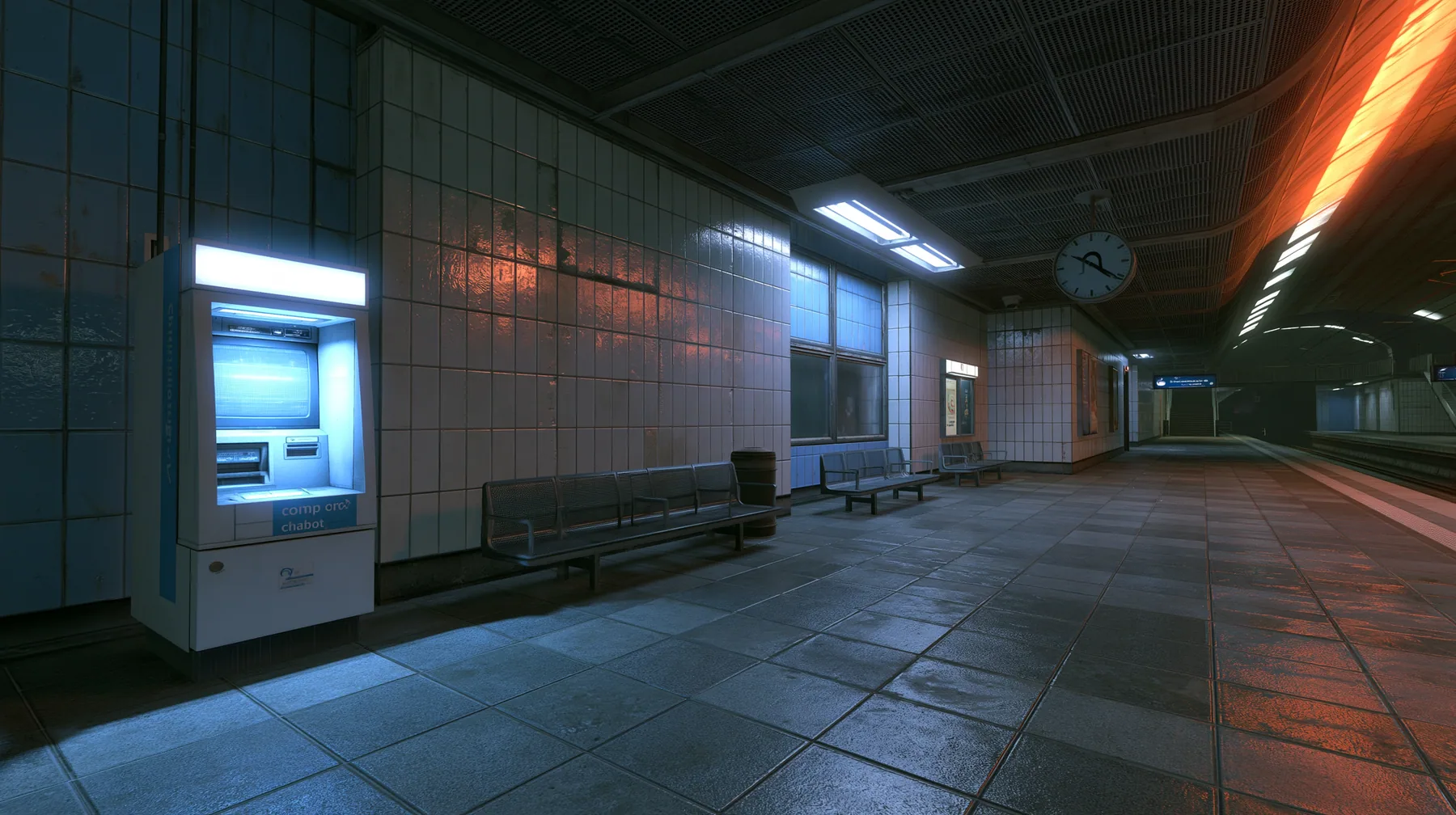 Valve's Source engine, a screenshot in the style of Half-Life 2 and Portal 2: a public CRT chatbot kiosk glowing white-blue in an empty night train station, tiled walls, benches, a platform clock, cool fluorescent…