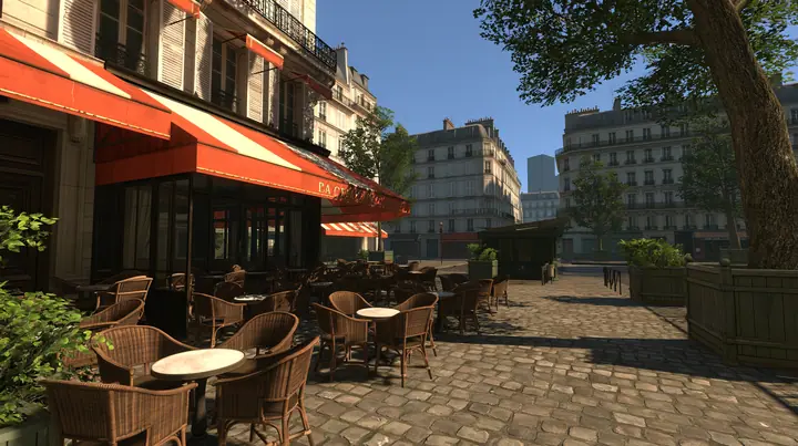 Source engine screenshot in the style of Portal 2 and Half-Life 2, Valve: a French café terrace in the early morning, wicker chairs and small round tables on a cobbled Paris street, awnings, soft cool daylight with…