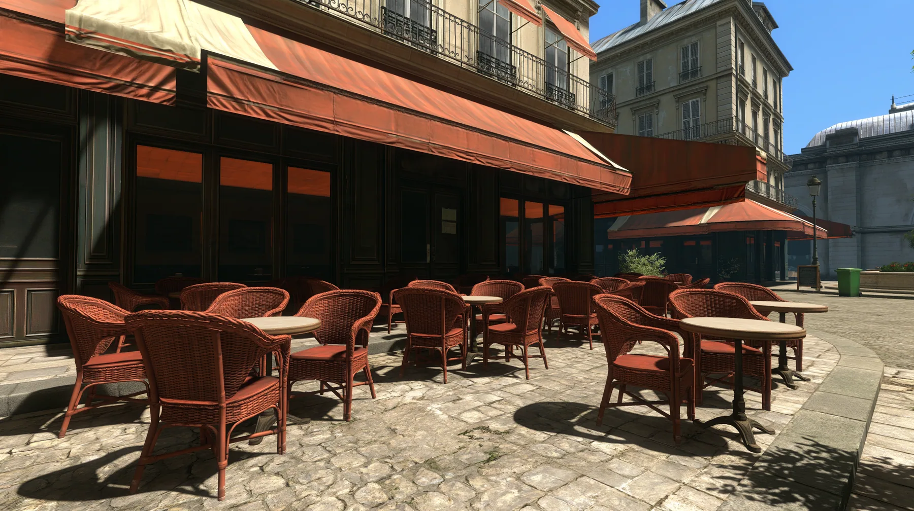 Source engine screenshot in the style of Portal 2 and Half-Life 2, Valve: a French café terrace in the early morning, wicker chairs and small round tables on a cobbled Paris street, awnings, soft cool daylight with…