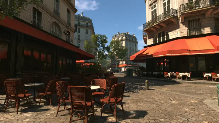 Source engine screenshot in the style of Portal 2 and Half-Life 2, Valve: a French café terrace in the early morning, wicker chairs and small round tables on a cobbled Paris street, awnings, soft cool daylight with…