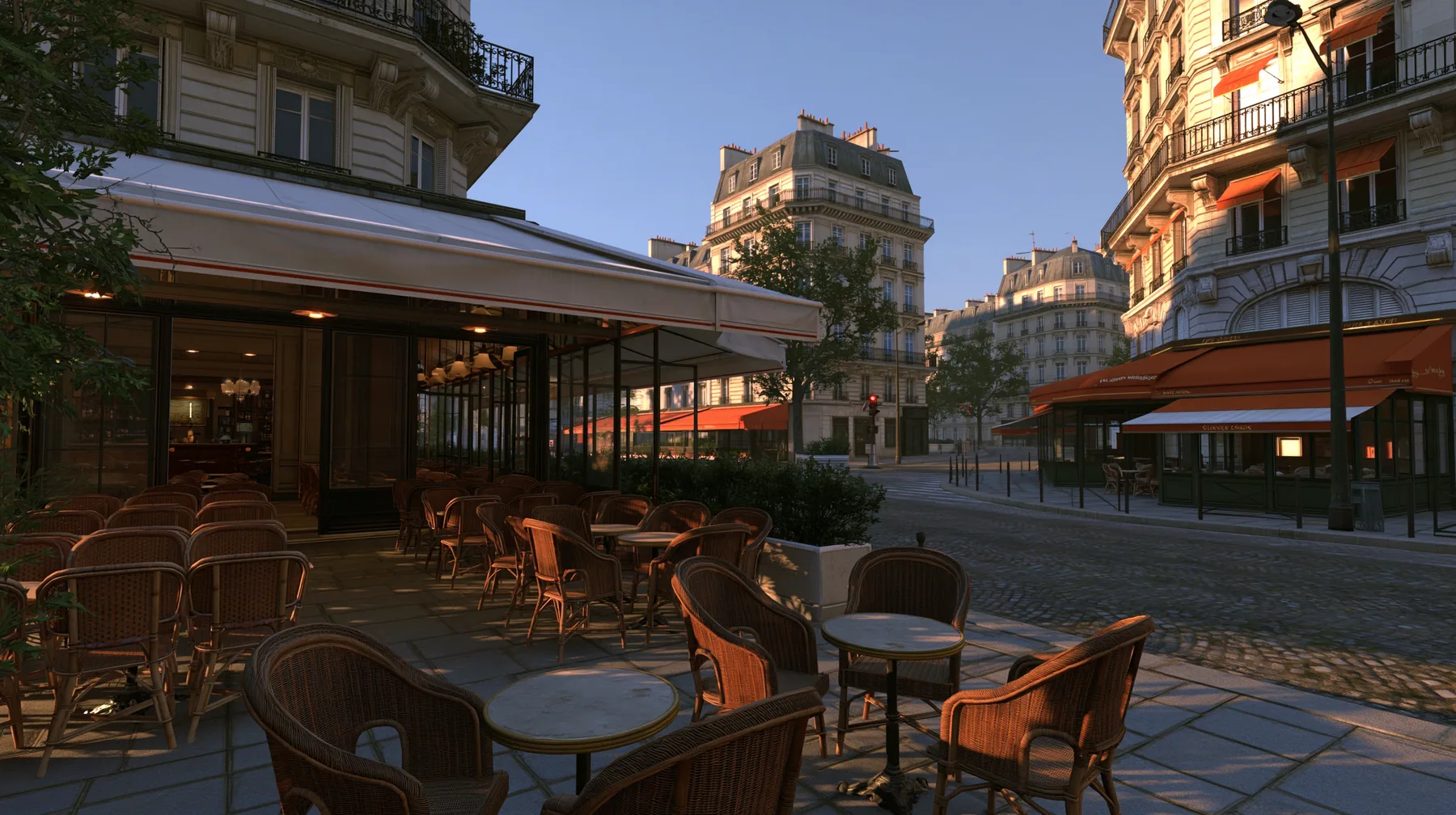 Valve's Source engine, a screenshot in the style of Half-Life 2 and Portal 2: a French café terrace in the early morning, wicker chairs and small round tables on a cobbled Paris street, awnings, soft cool daylight…