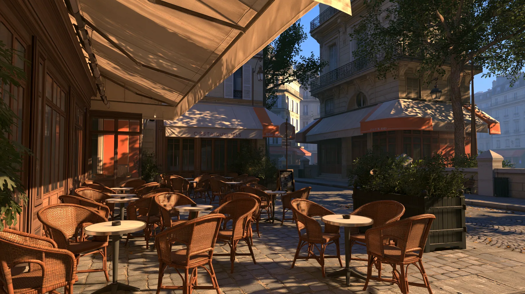 Valve's Source engine, a screenshot in the style of Half-Life 2 and Portal 2: a French café terrace in the early morning, wicker chairs and small round tables on a cobbled Paris street, awnings, soft cool daylight…