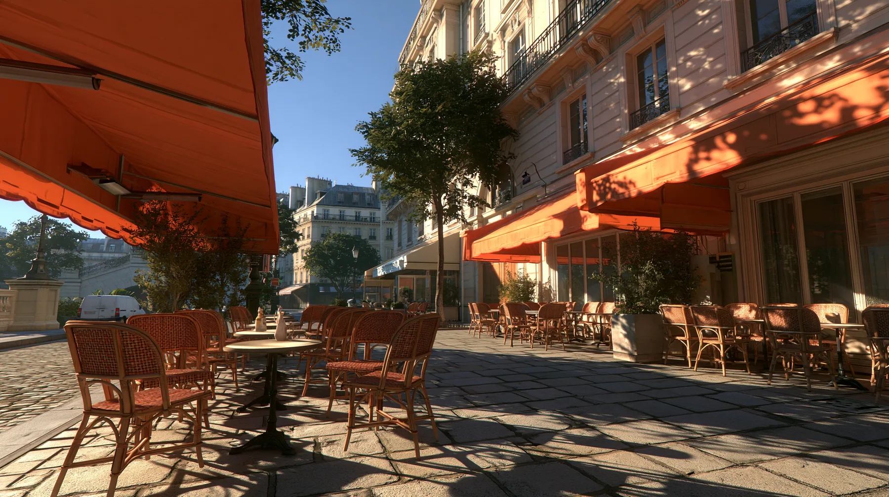 Valve's Source engine, a screenshot in the style of Half-Life 2 and Portal 2: a French café terrace in the early morning, wicker chairs and small round tables on a cobbled Paris street, awnings, soft cool daylight…