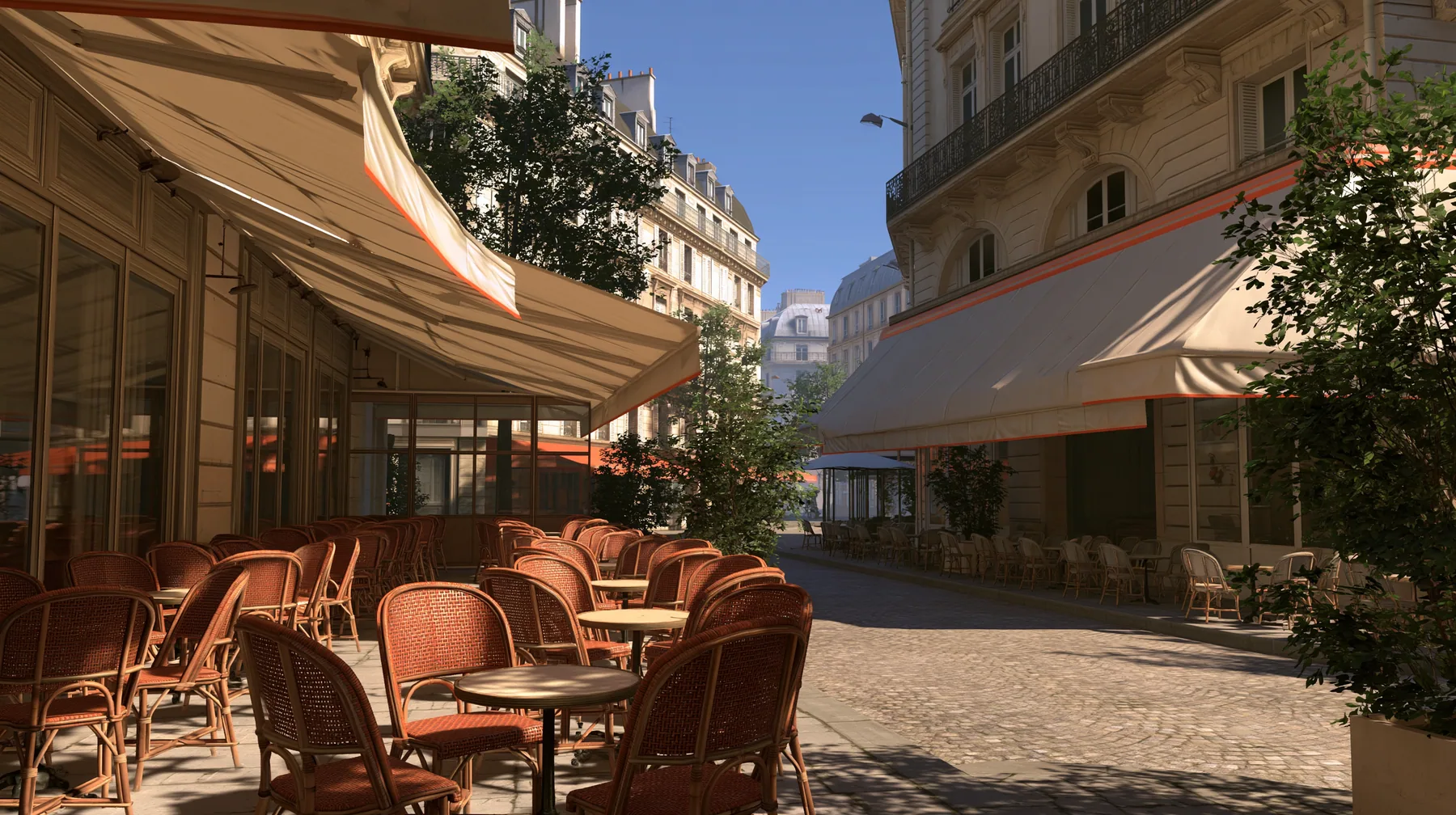 Valve's Source engine, a screenshot in the style of Half-Life 2 and Portal 2: a French café terrace in the early morning, wicker chairs and small round tables on a cobbled Paris street, awnings, soft cool daylight…