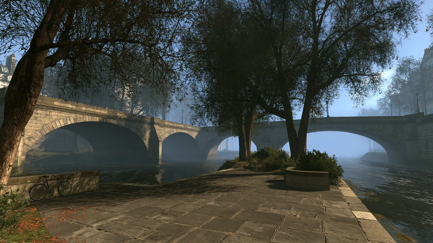 Source engine screenshot in the style of Portal 2 and Half-Life 2, Valve: a riverside stone quay in Paris in the morning, old arched stone bridges over the river, plane trees, a parked bicycle, cool misty light with…
