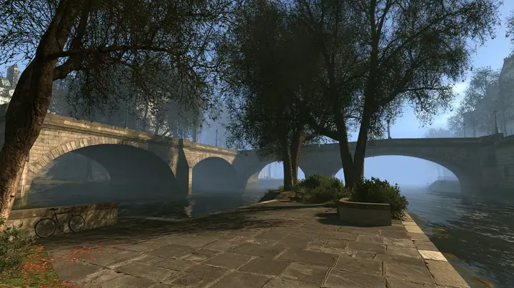 Source engine screenshot in the style of Portal 2 and Half-Life 2, Valve: a riverside stone quay in Paris in the morning, old arched stone bridges over the river, plane trees, a parked bicycle, cool misty light with…