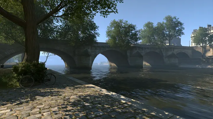 Source engine screenshot in the style of Portal 2 and Half-Life 2, Valve: a riverside stone quay in Paris in the morning, old arched stone bridges over the river, plane trees, a parked bicycle, cool misty light with…
