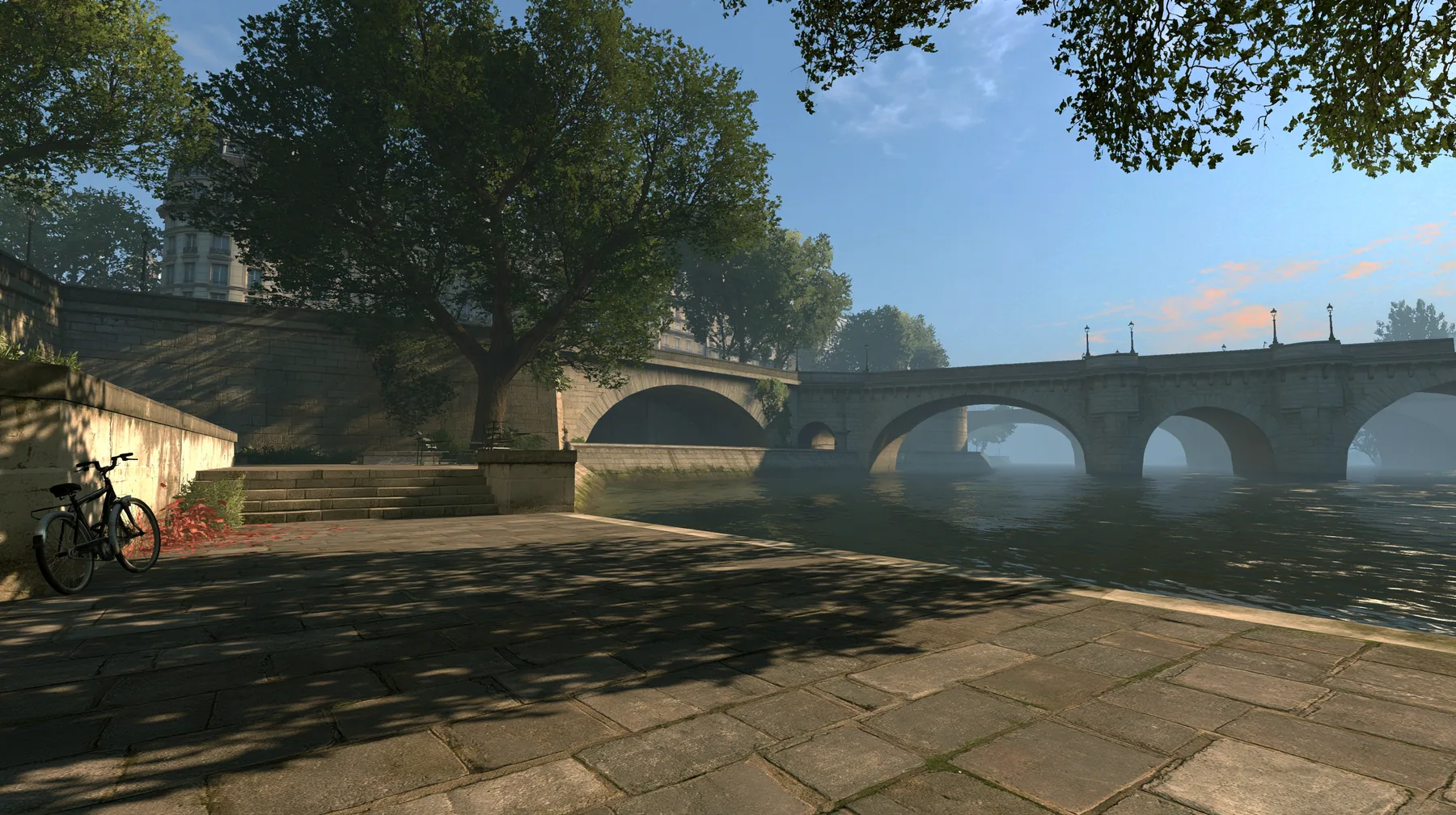 Source engine screenshot in the style of Portal 2 and Half-Life 2, Valve: a riverside stone quay in Paris in the morning, old arched stone bridges over the river, plane trees, a parked bicycle, cool misty light with…
