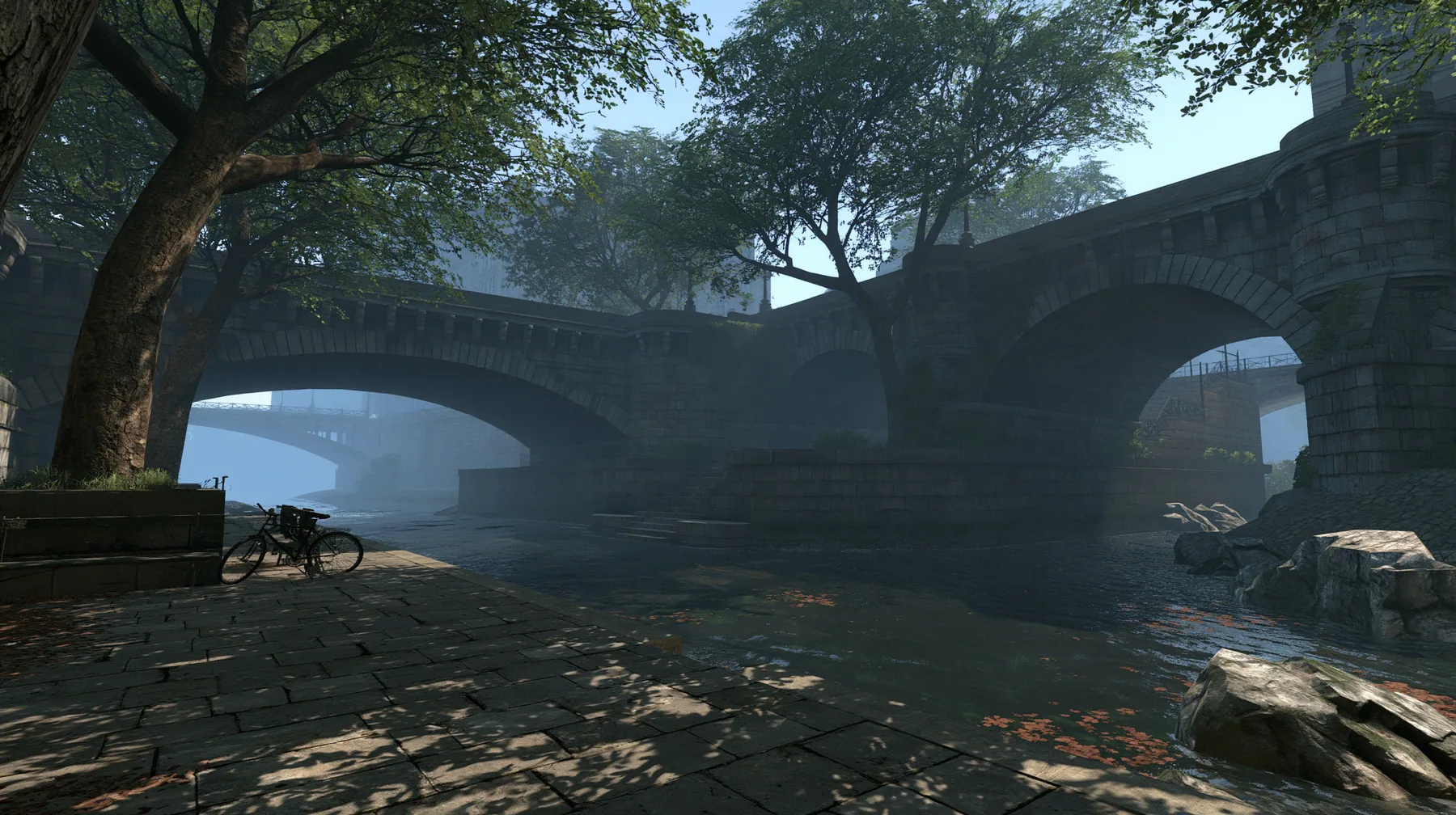 Source engine screenshot in the style of Portal 2 and Half-Life 2, Valve: a riverside stone quay in Paris in the morning, old arched stone bridges over the river, plane trees, a parked bicycle, cool misty light with…