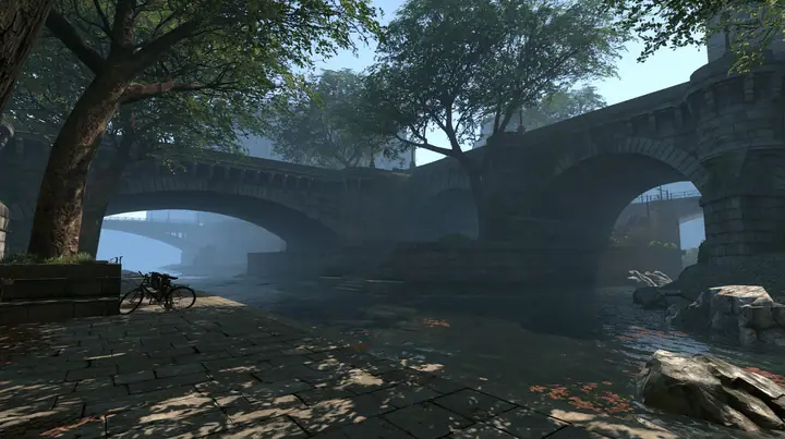 Source engine screenshot in the style of Portal 2 and Half-Life 2, Valve: a riverside stone quay in Paris in the morning, old arched stone bridges over the river, plane trees, a parked bicycle, cool misty light with…