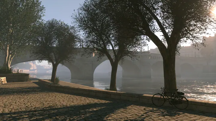 Valve's Source engine, a screenshot in the style of Half-Life 2 and Portal 2: a riverside stone quay in Paris in the morning, old arched stone bridges over the river, plane trees, a parked bicycle, cool misty light…