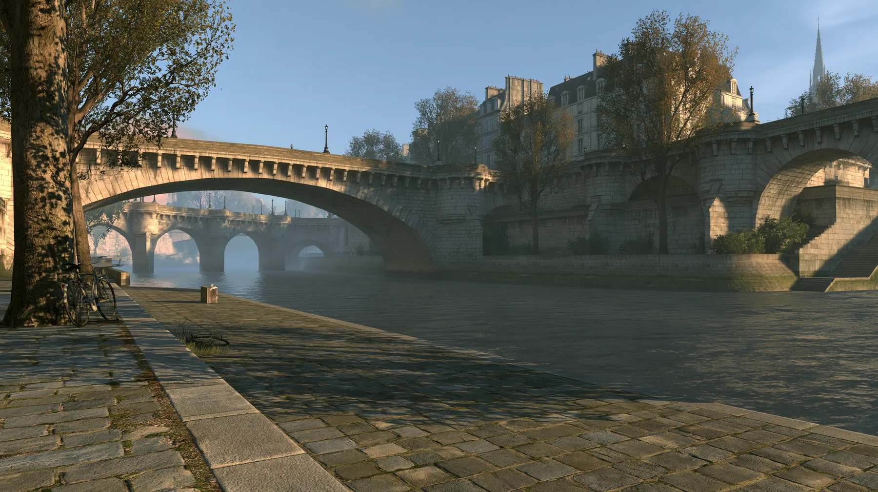 Valve's Source engine, a screenshot in the style of Half-Life 2 and Portal 2: a riverside stone quay in Paris in the morning, old arched stone bridges over the river, plane trees, a parked bicycle, cool misty light…