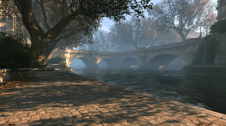 Valve's Source engine, a screenshot in the style of Half-Life 2 and Portal 2: a riverside stone quay in Paris in the morning, old arched stone bridges over the river, plane trees, a parked bicycle, cool misty light…