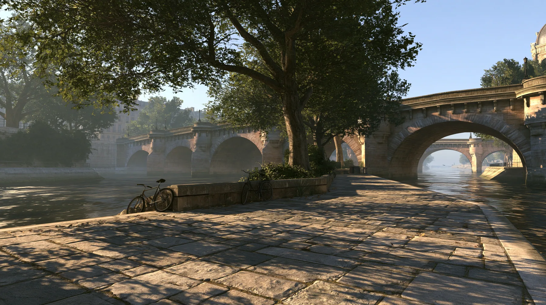 Valve's Source engine, a screenshot in the style of Half-Life 2 and Portal 2: a riverside stone quay in Paris in the morning, old arched stone bridges over the river, plane trees, a parked bicycle, cool misty light…