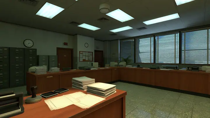 Source engine screenshot in the style of Portal 2 and Half-Life 2, Valve: a 1960s government visa office, wooden counters with rubber stamps, ink pads and stacks of blank forms, filing cabinets, a wall clock,…