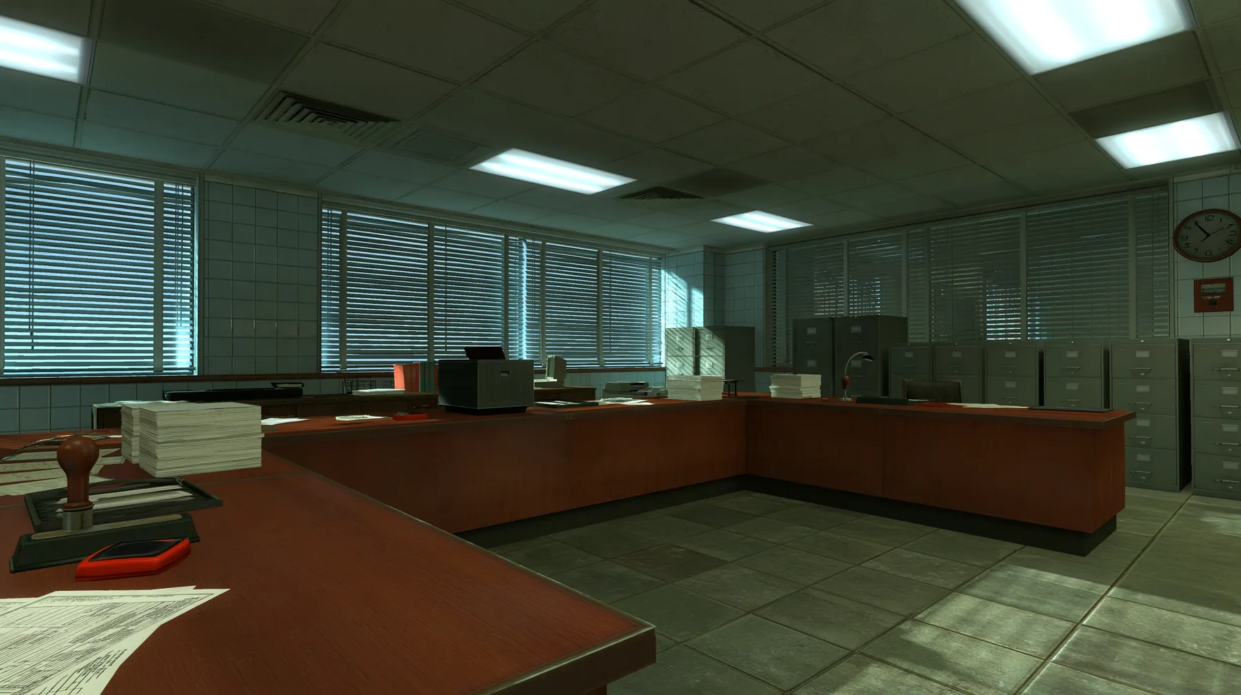 Source engine screenshot in the style of Portal 2 and Half-Life 2, Valve: a 1960s government visa office, wooden counters with rubber stamps, ink pads and stacks of blank forms, filing cabinets, a wall clock,…