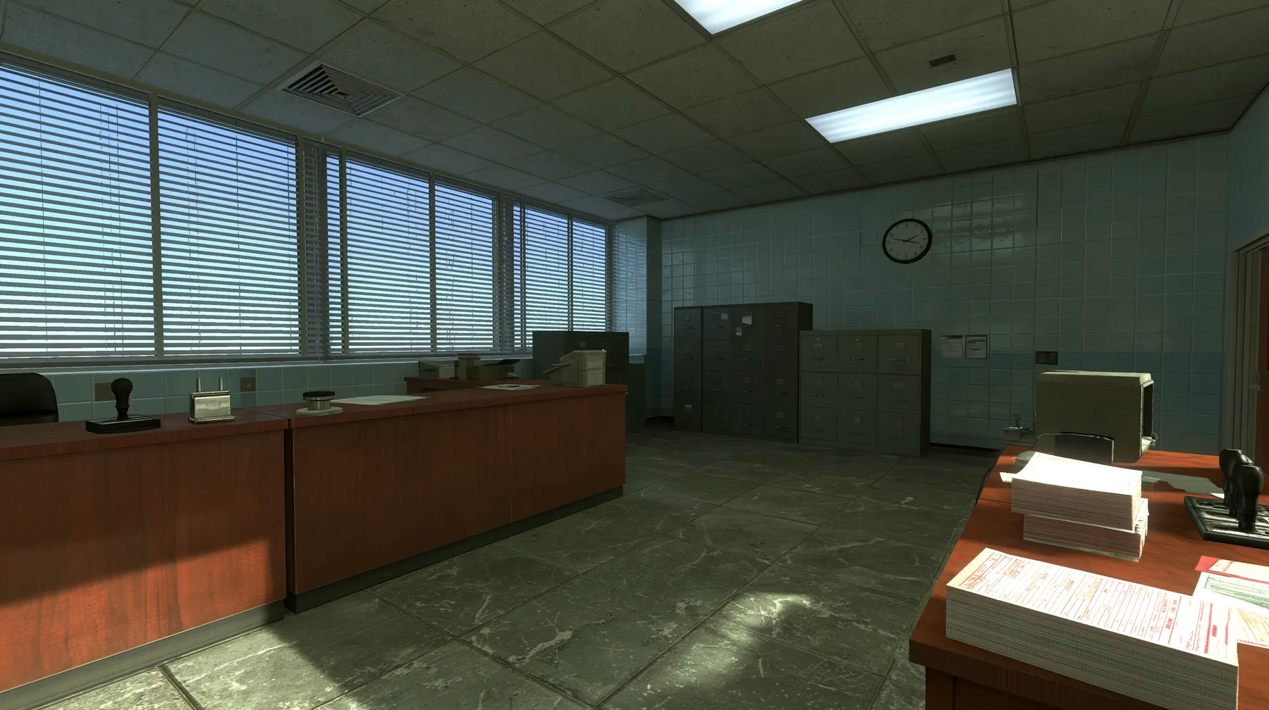 Source engine screenshot in the style of Portal 2 and Half-Life 2, Valve: a 1960s government visa office, wooden counters with rubber stamps, ink pads and stacks of blank forms, filing cabinets, a wall clock,…