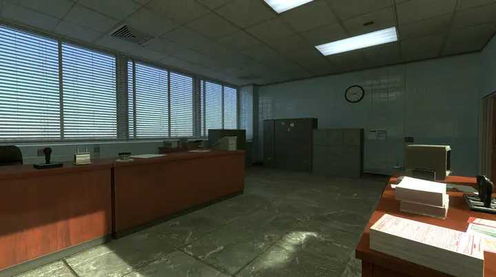Source engine screenshot in the style of Portal 2 and Half-Life 2, Valve: a 1960s government visa office, wooden counters with rubber stamps, ink pads and stacks of blank forms, filing cabinets, a wall clock,…