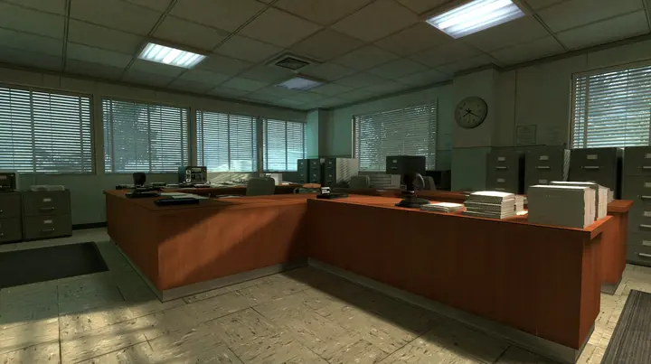 Source engine screenshot in the style of Portal 2 and Half-Life 2, Valve: a 1960s government visa office, wooden counters with rubber stamps, ink pads and stacks of blank forms, filing cabinets, a wall clock,…