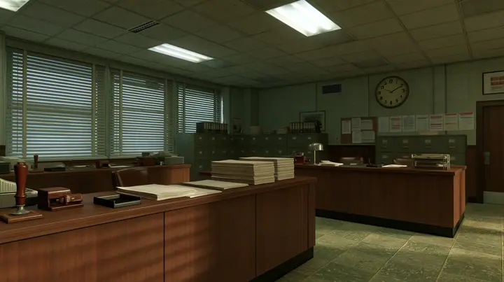 Valve's Source engine, a screenshot in the style of Half-Life 2 and Portal 2: a 1960s government visa office, wooden counters with rubber stamps, ink pads and stacks of blank forms, filing cabinets, a wall clock,…