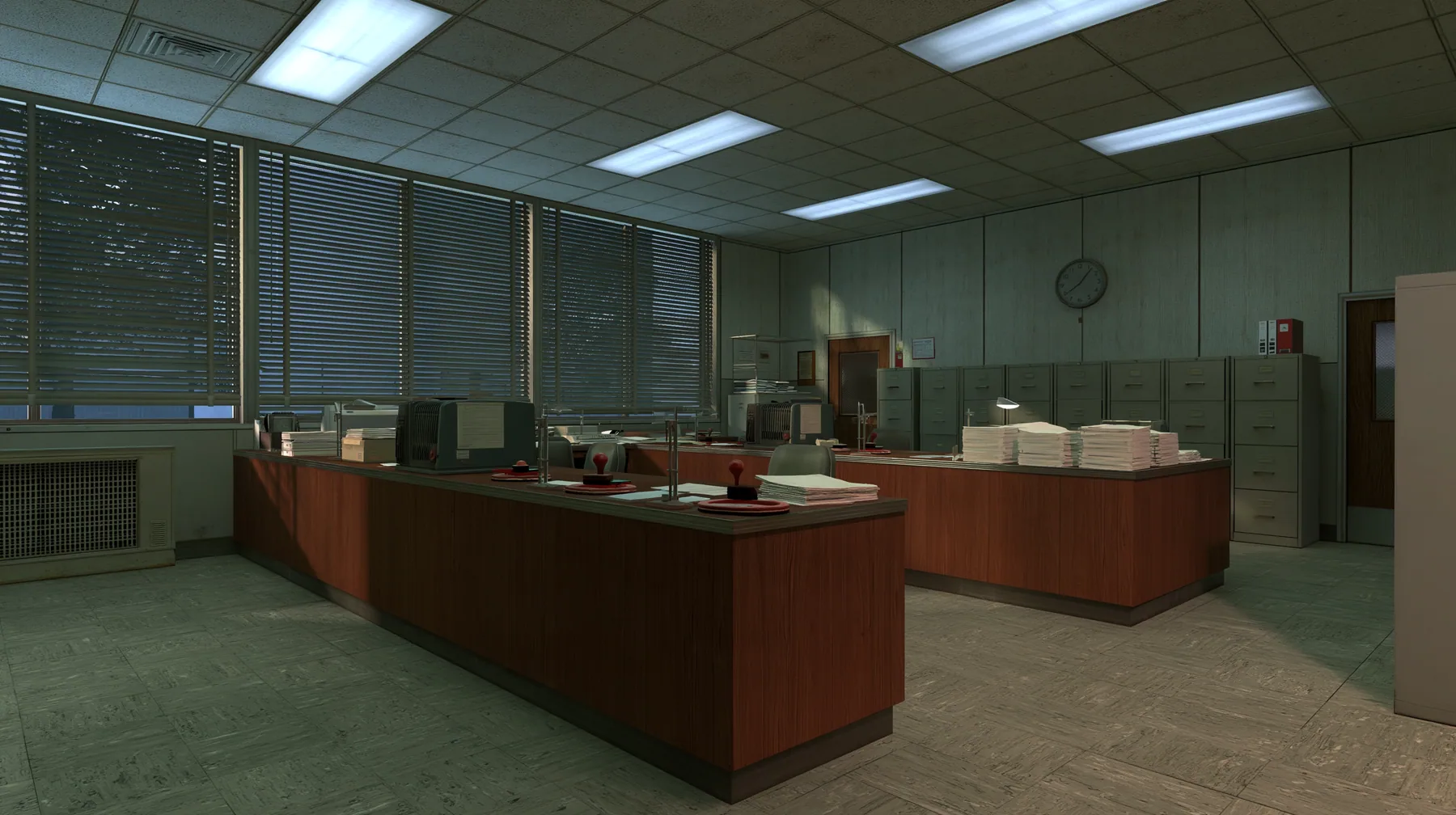 Valve's Source engine, a screenshot in the style of Half-Life 2 and Portal 2: a 1960s government visa office, wooden counters with rubber stamps, ink pads and stacks of blank forms, filing cabinets, a wall clock,…