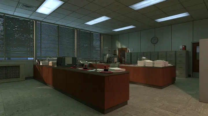 Valve's Source engine, a screenshot in the style of Half-Life 2 and Portal 2: a 1960s government visa office, wooden counters with rubber stamps, ink pads and stacks of blank forms, filing cabinets, a wall clock,…