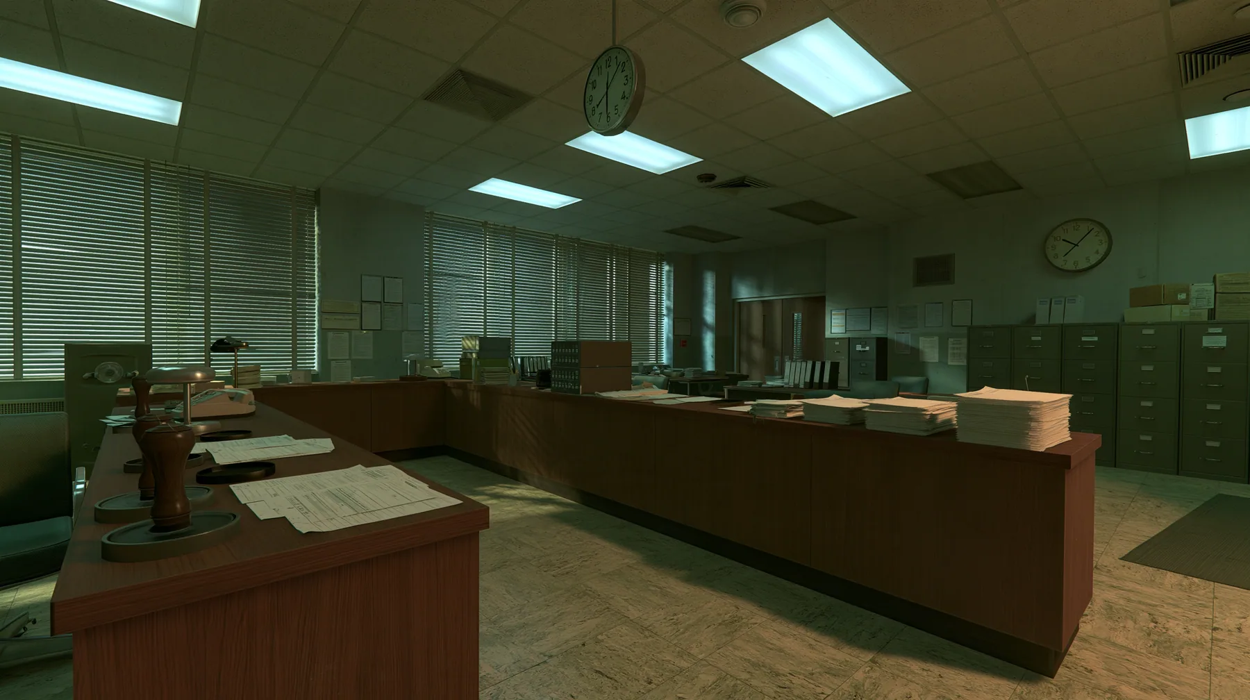 Valve's Source engine, a screenshot in the style of Half-Life 2 and Portal 2: a 1960s government visa office, wooden counters with rubber stamps, ink pads and stacks of blank forms, filing cabinets, a wall clock,…