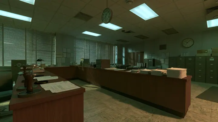 Valve's Source engine, a screenshot in the style of Half-Life 2 and Portal 2: a 1960s government visa office, wooden counters with rubber stamps, ink pads and stacks of blank forms, filing cabinets, a wall clock,…