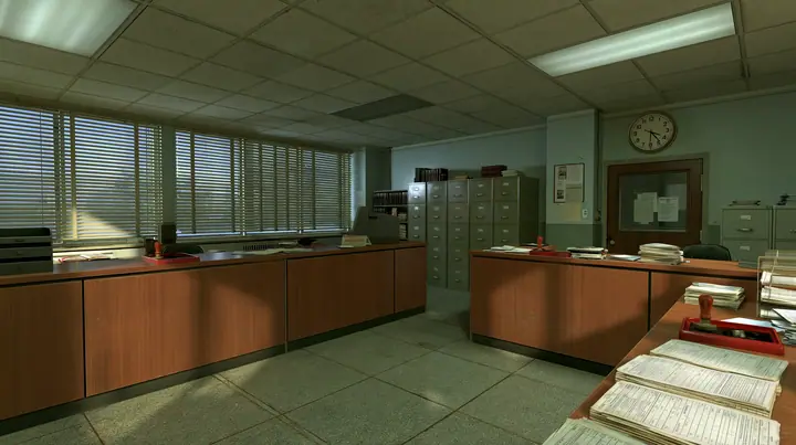 Valve's Source engine, a screenshot in the style of Half-Life 2 and Portal 2: a 1960s government visa office, wooden counters with rubber stamps, ink pads and stacks of blank forms, filing cabinets, a wall clock,…
