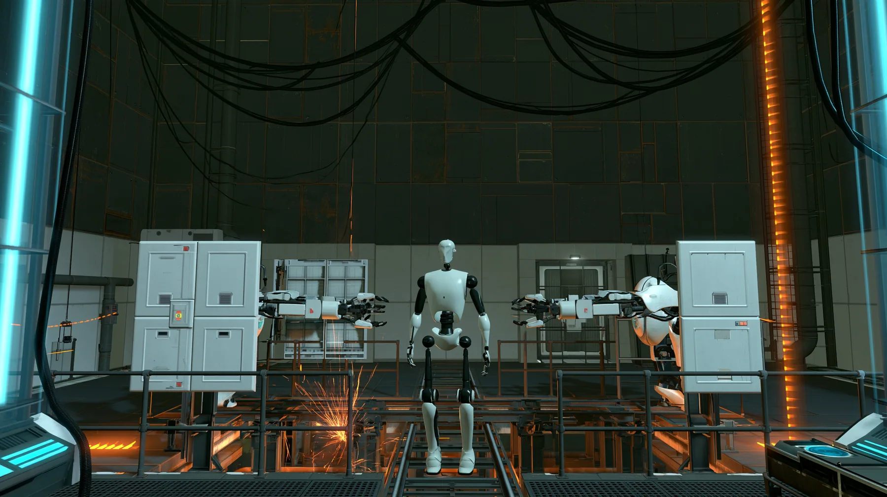Portal 2 (2011) Source engine screenshot, Valve, the Aperture Science assembly line: white robot panel arms passing a headless porcelain-white humanoid robot body with black joints along a track through a vast dark…