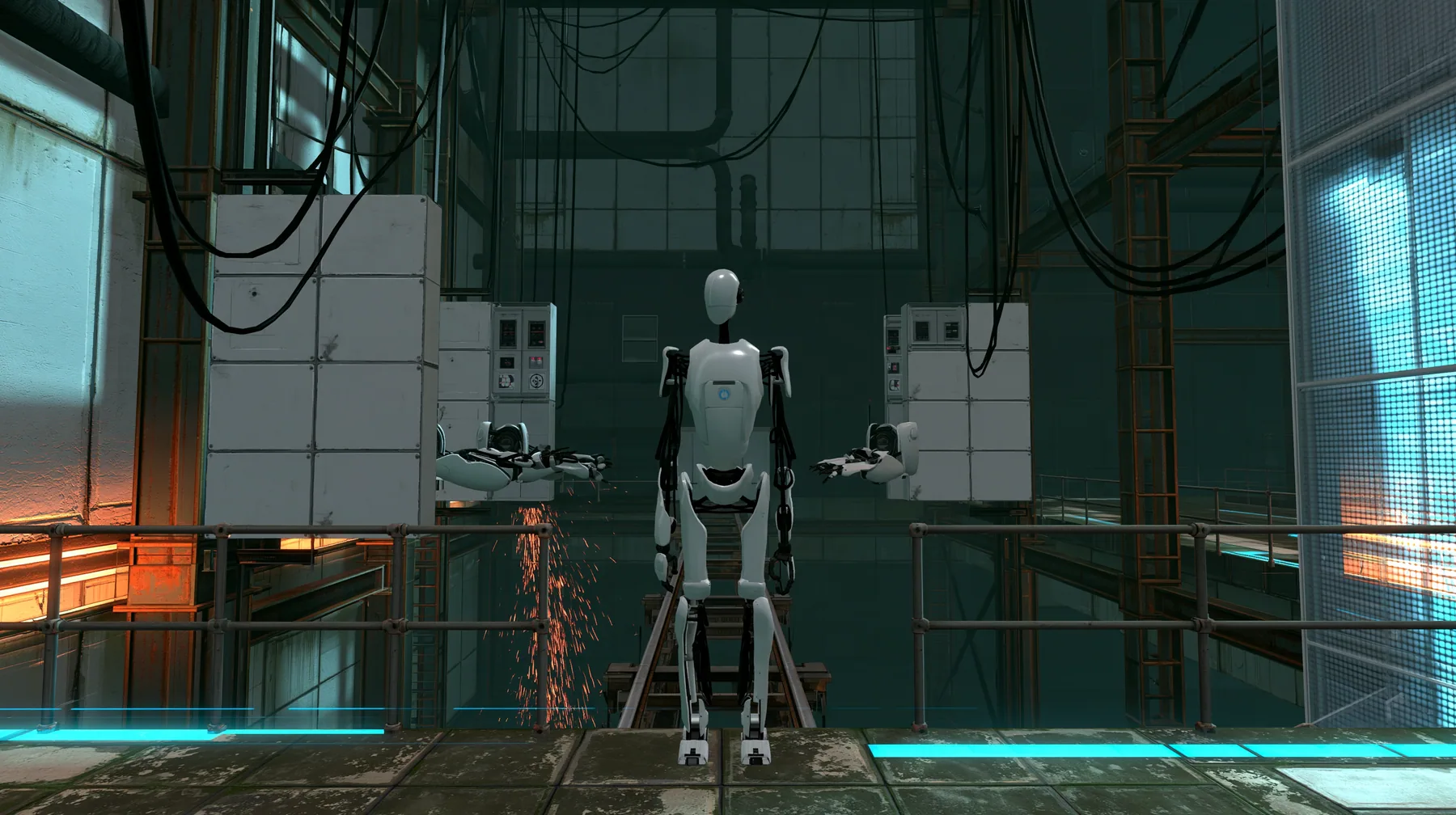 Portal 2 (2011) Source engine screenshot, Valve, the Aperture Science assembly line: white robot panel arms passing a headless porcelain-white humanoid robot body with black joints along a track through a vast dark…