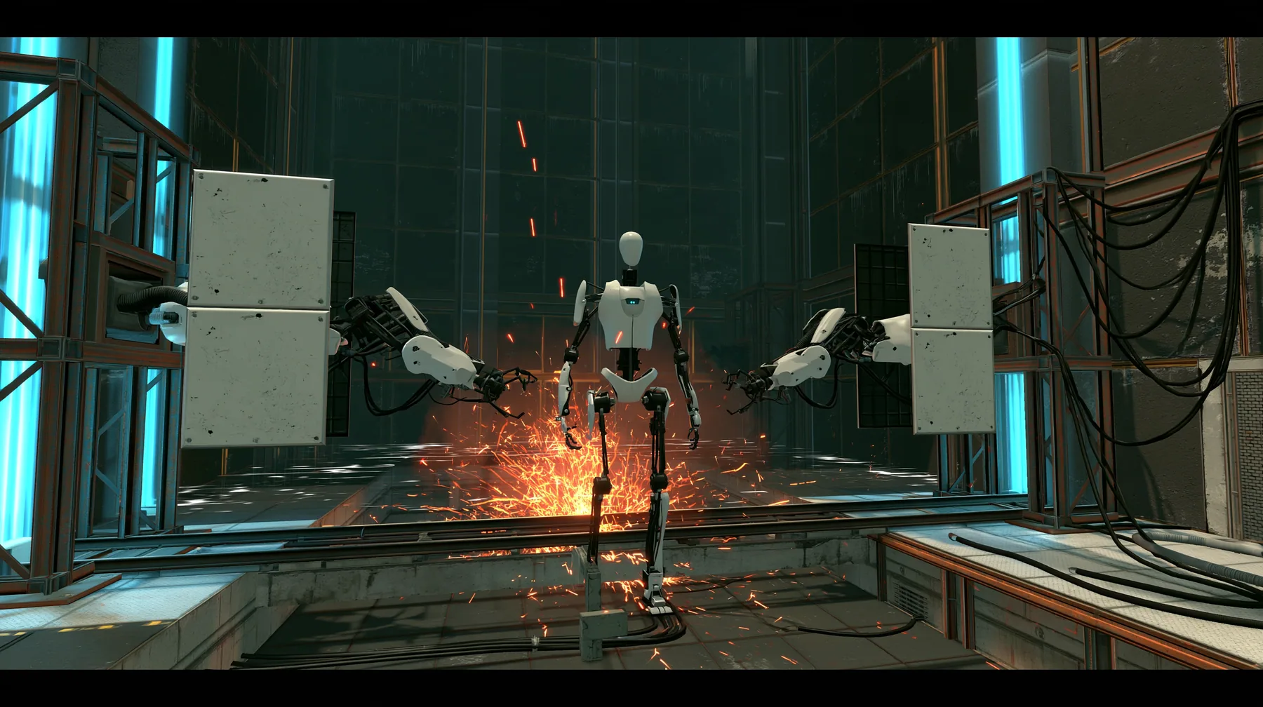 Portal 2 (2011) Source engine screenshot, Valve, the Aperture Science assembly line: white robot panel arms passing a headless porcelain-white humanoid robot body with black joints along a track through a vast dark…